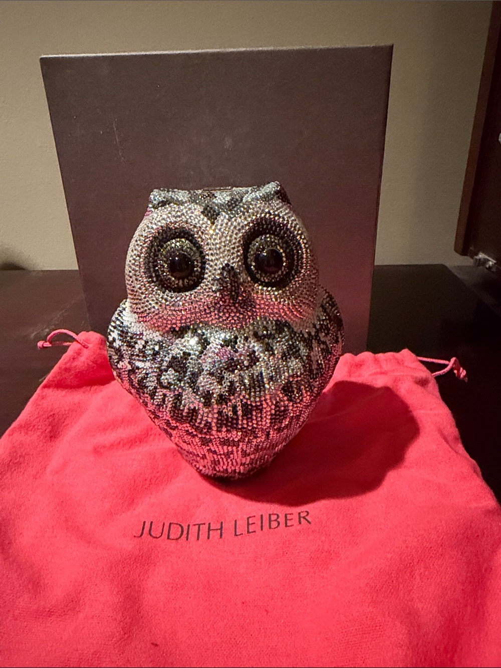 Judith Leiber Crystal Owl Minaudière in Black, Silver and Pink "Snowy"